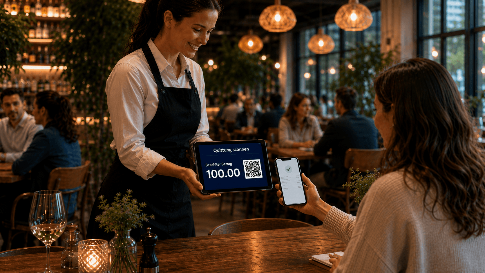 In einem gemütlichen Restaurant hält das Servicepersonal einem Gast ein Tablet mit digitalem Kassenbon, Betrag und QR-Code hin. Der Gast scannt den Code mit dem Smartphone, um den Beleg digital aufzurufen.