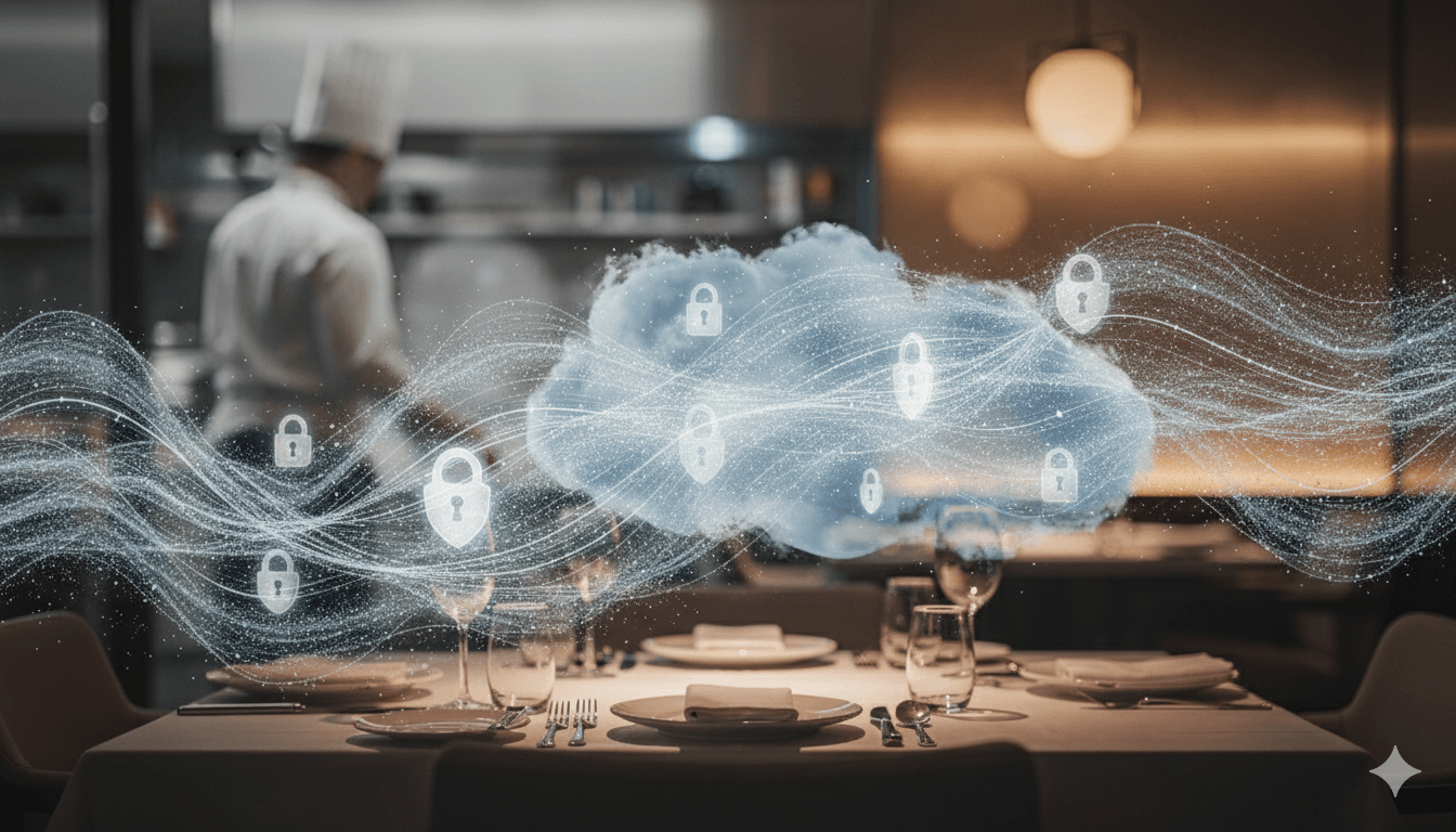 Das Bild visualisiert sichere Cloud-Datenströme im Gastronomieumfeld. Sensible Informationen werden geschützt verarbeitet und bleiben jederzeit unter Kontrolle, auch im laufenden Betrieb.