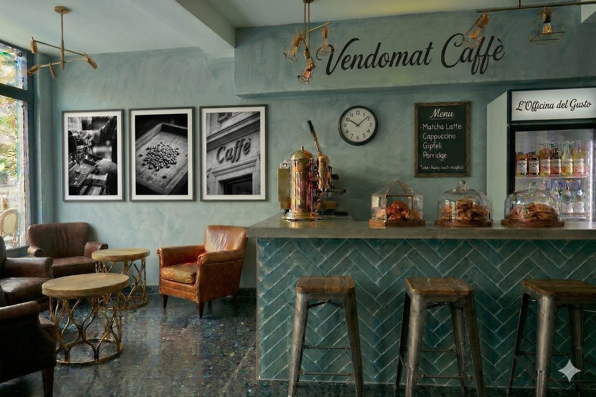Modernes Café von Vendomat mit Barbereich, Espressomaschine und Sitzlounge, ideal für Gastronom:innen und Self-Order Terminal Konzepte.