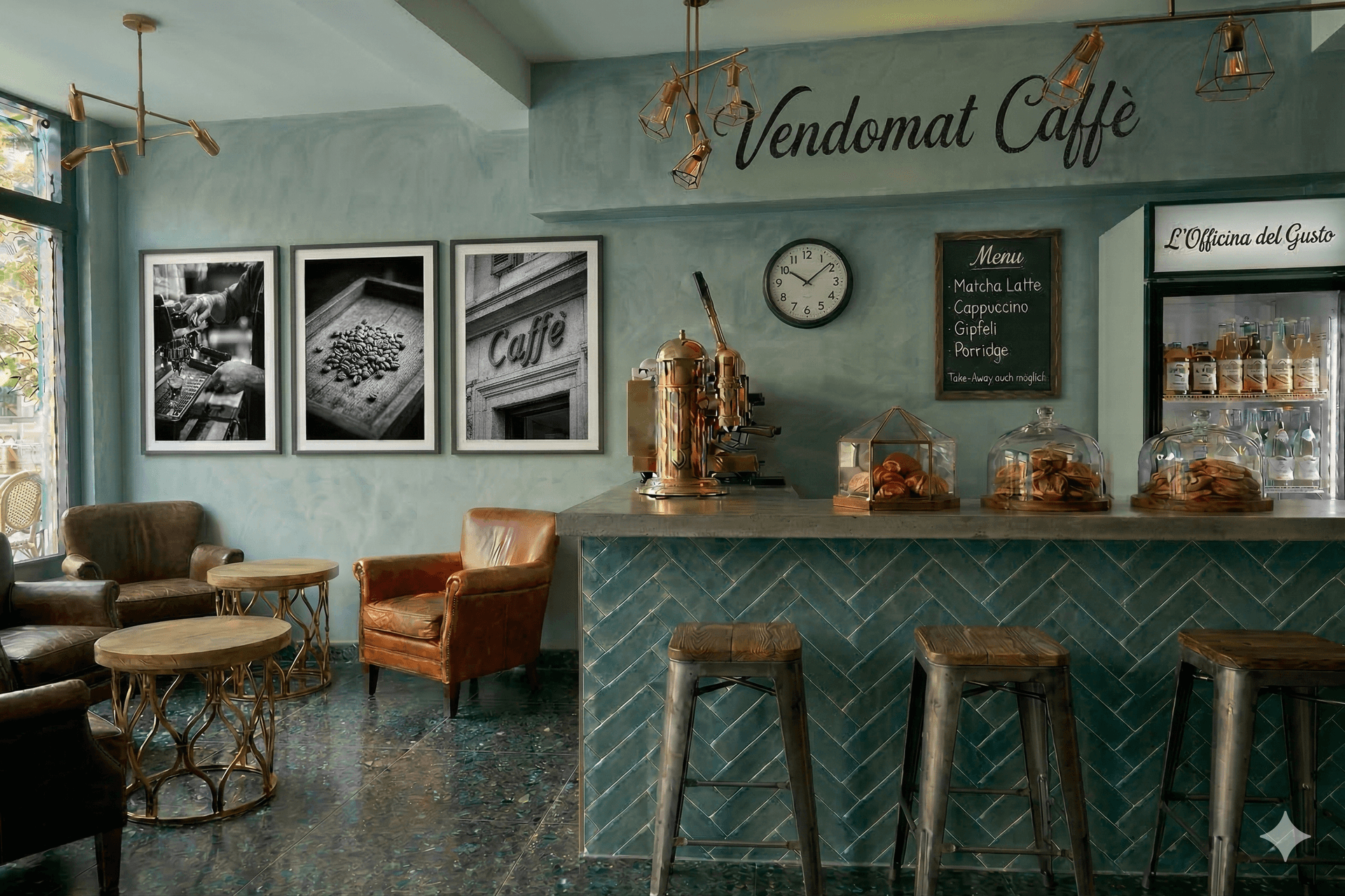 Modernes Café von Vendomat mit Barbereich, Espressomaschine und Sitzlounge, ideal für Gastronom:innen und Self-Order Terminal Konzepte.