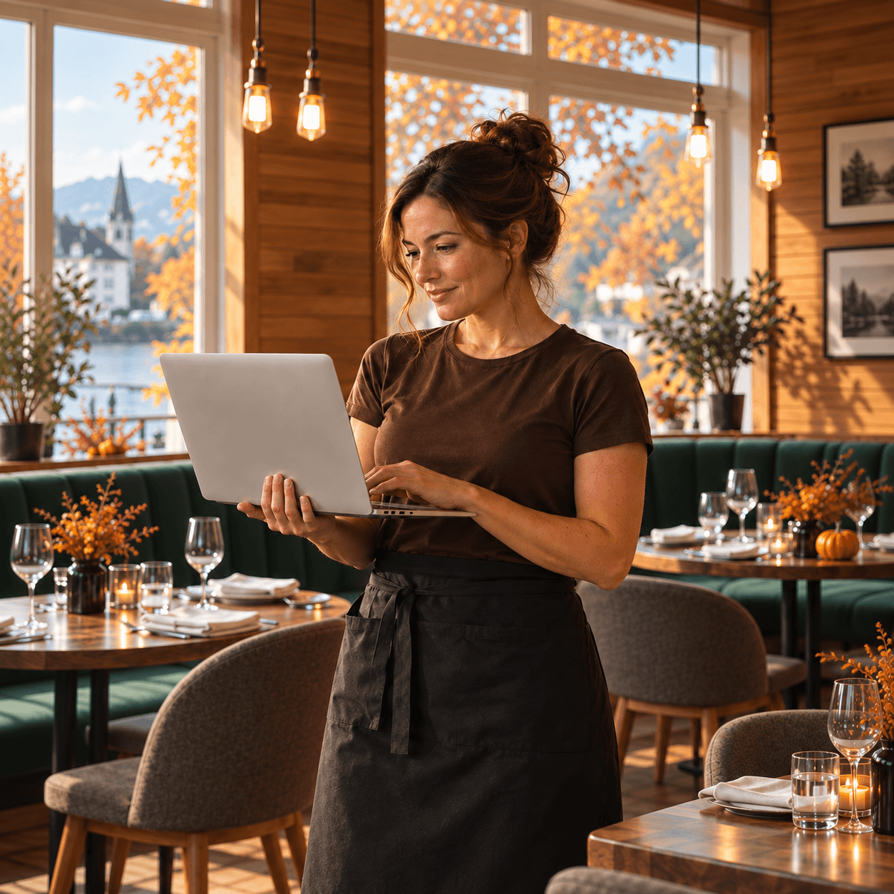 Frau arbeitet am Laptop in einem herbstlich dekorierten Restaurant.
