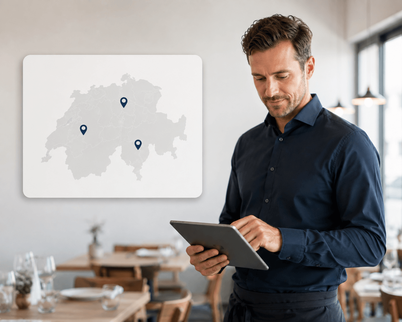Person in einem Gastronomiebetrieb analysiert am Laptop mehrere Restaurantstandorte, dargestellt durch drei Markierungen auf einer Schweizer Karte.