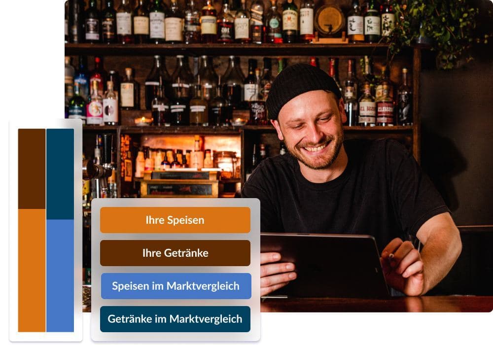Gastronom in Bar nutzt digitales Kassensystem am Tablet zur Umsatzanalyse und zum Preisvergleich von Speisen und Getränken mit dem Markt. Visuelle Darstellung durch Benchmark-Grafiken im Hintergrund.