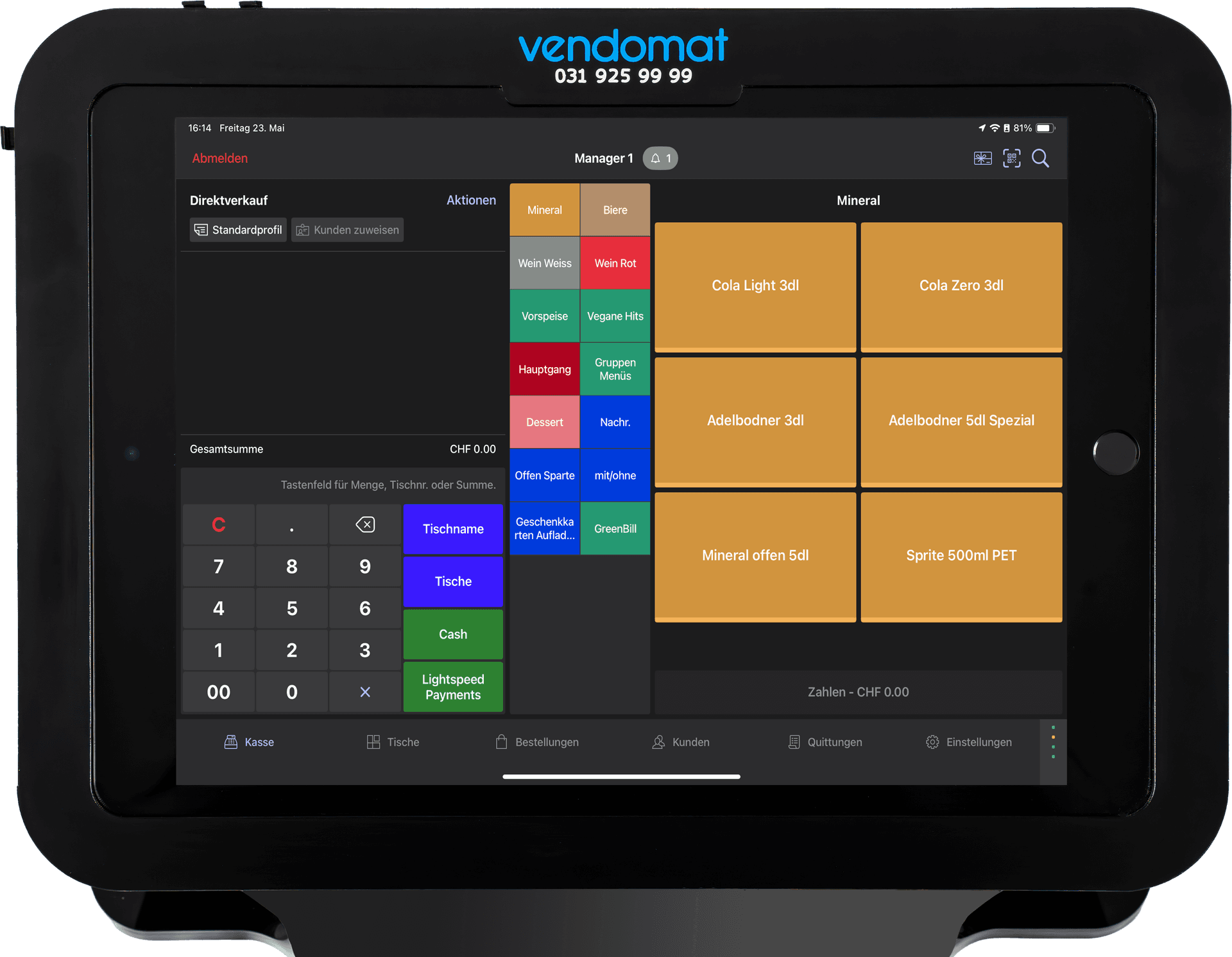 Lightspeed Kasse mit Direktverkaufsansicht: Kategorien wie Mineral, Dessert & Hauptgang. Verbaut im Vendomat Ständer.