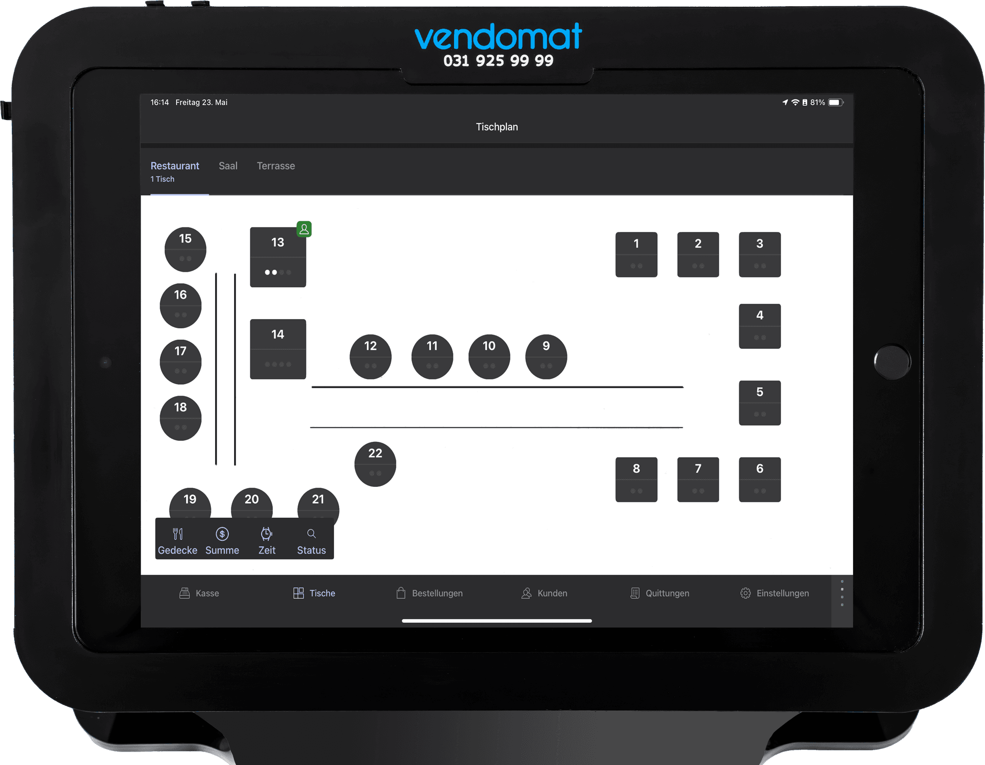 Die Lightspeed Kasse zeigt den Tischplan mit allen freien und belegten Tischen im Restaurantbereich. Kasse ist im Vendomat Ständer verbaut.
