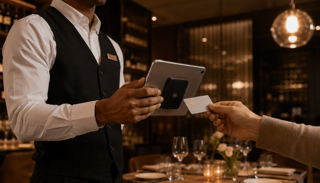 Servicekraft hält ein Tablet mit mobilem Kartenterminal, während ein Gast im Restaurant kontaktlos mit einer Kreditkarte bezahlt. Moderne bargeldlose Zahlung direkt am Tisch.