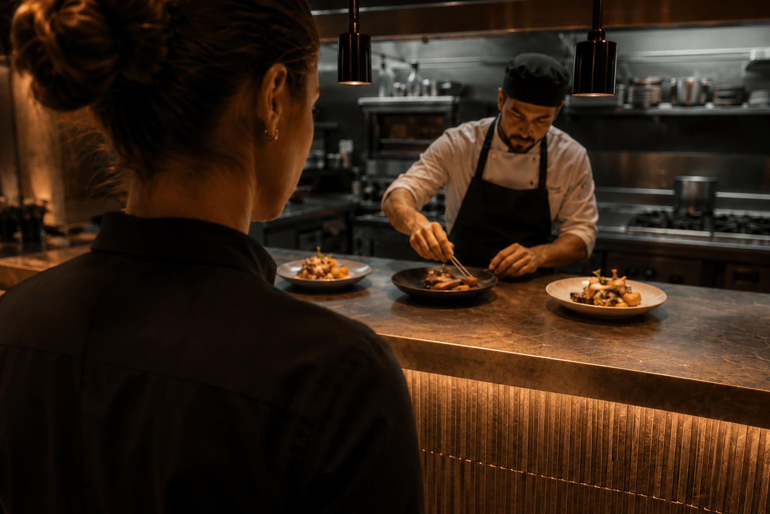 Kellnerin am Küchenpass in einem modernen Restaurant, während ein Koch angerichtete Speisen für den Service vorbereitet.