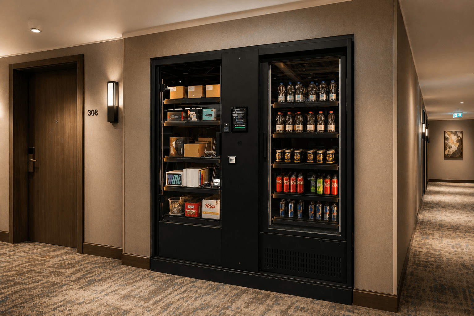 Vendomat vend.AI Concierge Automat im modernen Hotelgang mit integrierter Self-Service Versorgung für Getränke, Snacks und Zubehör.