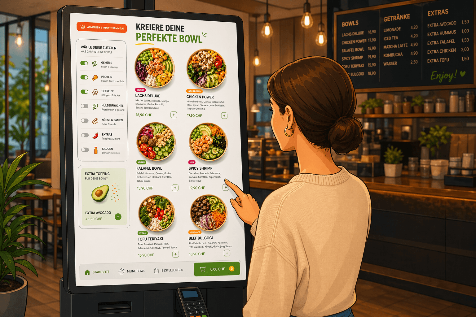 Kundin bestellt an einem vend.AI Self-Order-Terminal von Vendomat in einem modernen Restaurant mit intuitiver Menüführung.