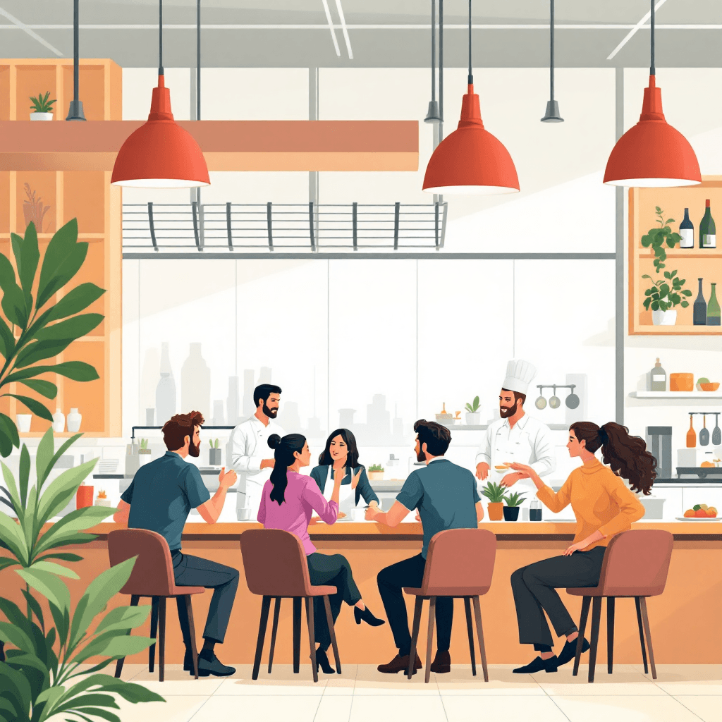 Eine Gruppe von Fachleuten sitzt in einer modernen Gastronomieküche an einem Tisch, während zwei Köche mit ihnen interagieren. Die Szene symbolisiert den fachlichen Austausch und die partnerschaftliche Zusammenarbeit zwischen FCSI und Vendomat im Bereich innovativer Foodservice-Lösungen.