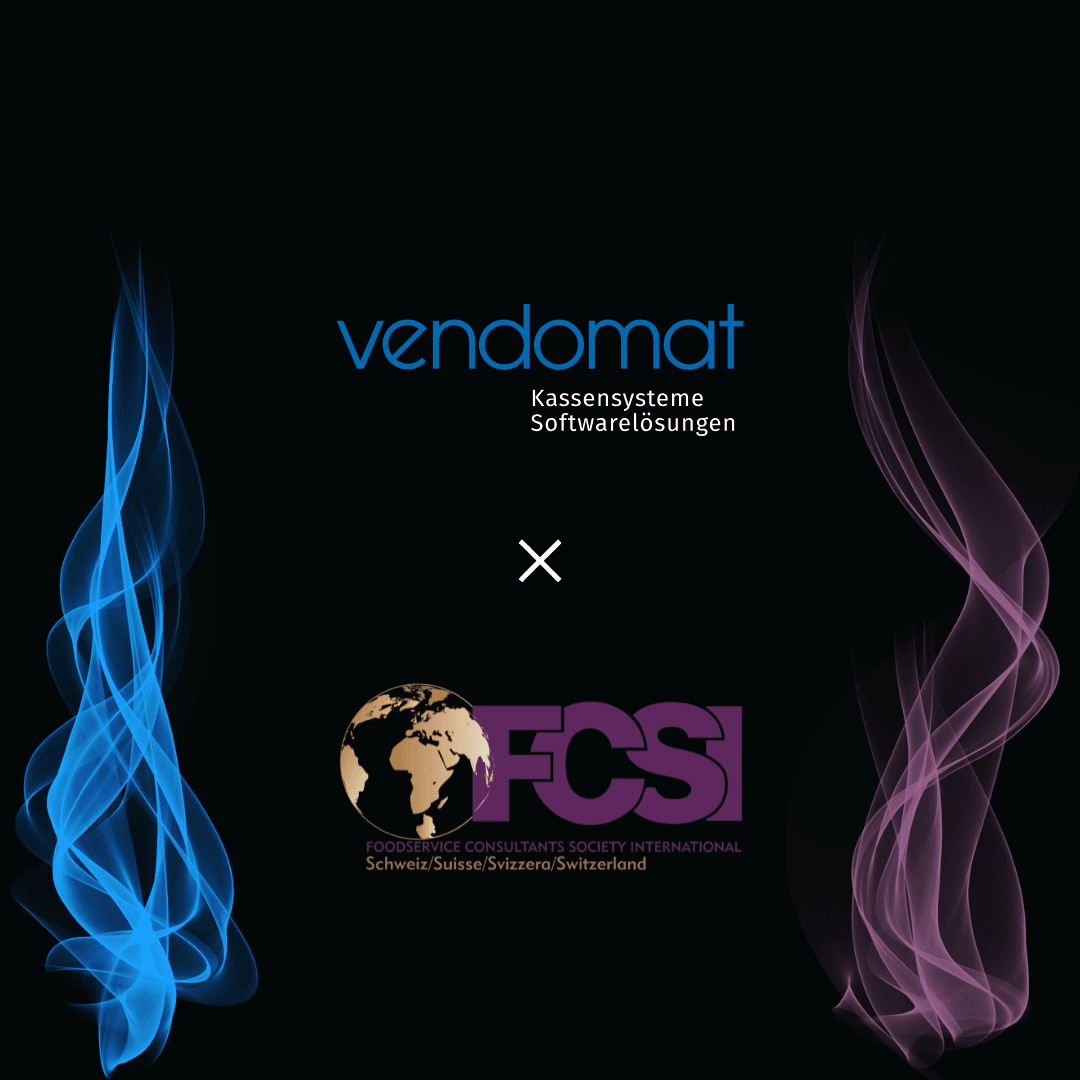 Logo von Vendomat (Kassensysteme und Softwarelösungen) gemeinsam mit dem Logo der FCSI Schweiz, visuelle Partnerschaftsdarstellung mit blauen und violetten Rauchakzenten auf schwarzem Hintergrund.