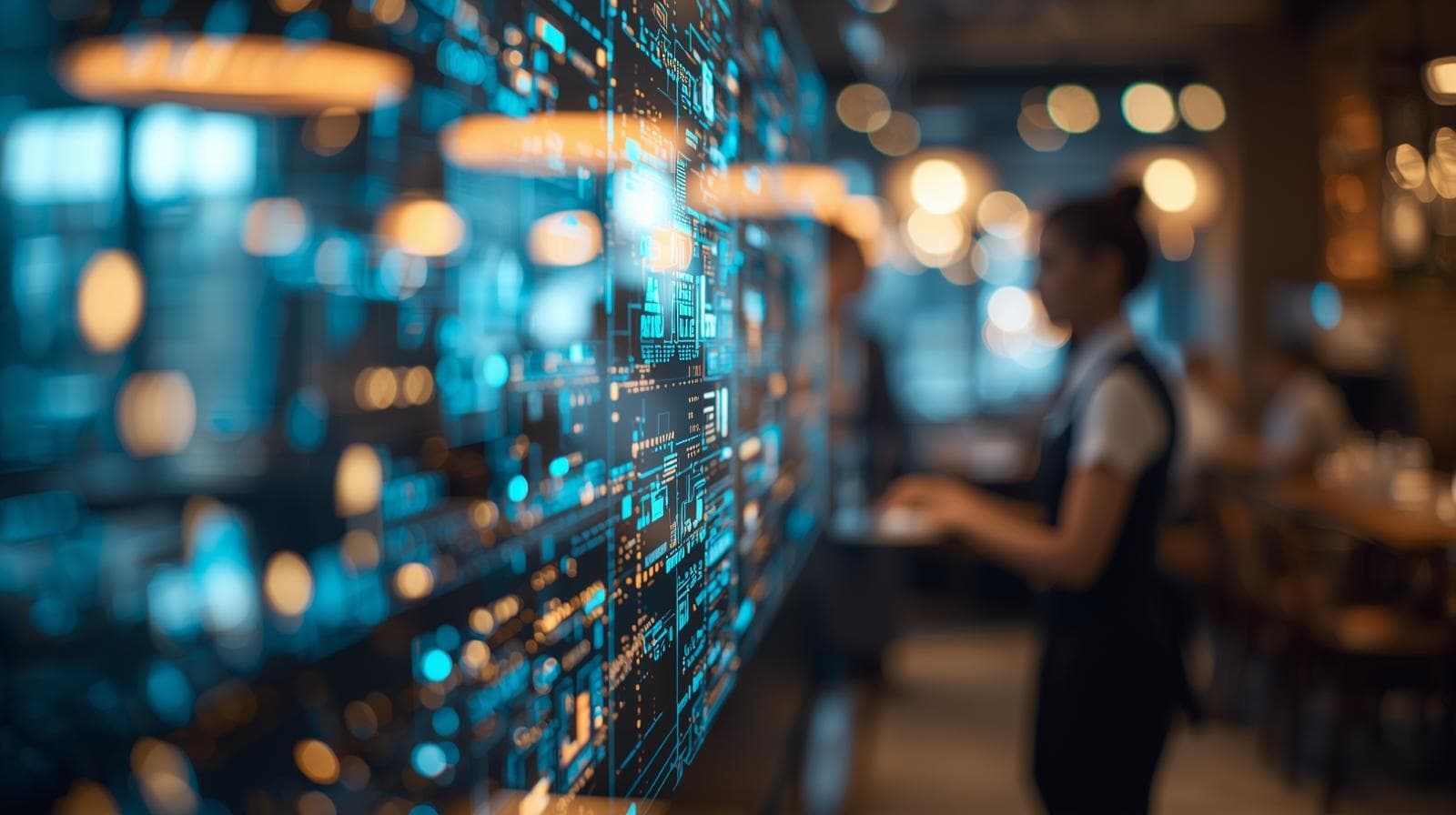 Digitale Systeme im Restaurant: Kellnerin arbeitet mit moderner Technologie, während im Vordergrund Daten und Reservierungssysteme visualisiert sind: Erreichbarkeit in der Gastronomie verbessern.