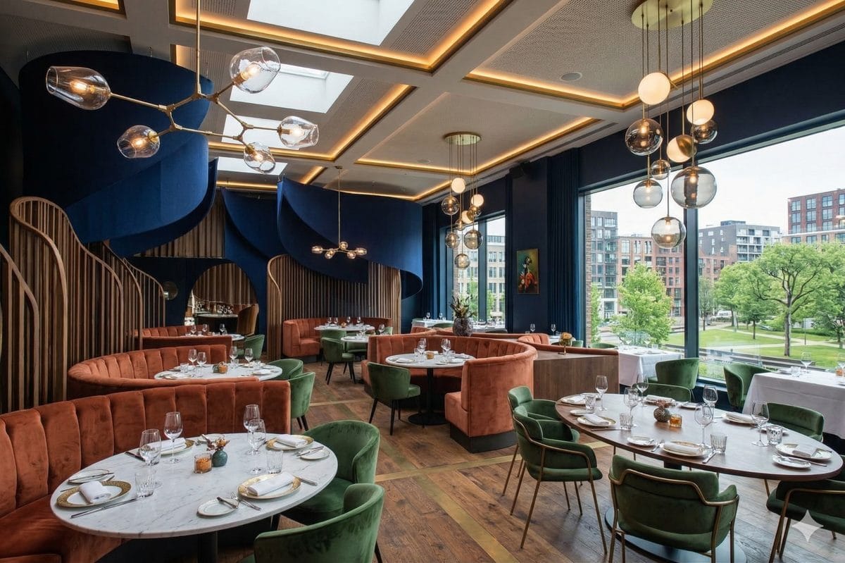 Modern eingerichteter Restaurantbereich mit Fensterfronten, eleganten Samtsitzbänken in warmen Farben, stilvollen runden Tischen und designorientierter Beleuchtung.